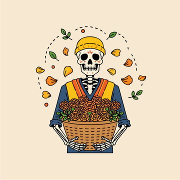 Skeleton Holding Flower Basket.