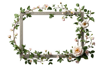 Fototapeta premium Ornate antique frame with delicate white rose flowers and green leaves, floral border on transparent background