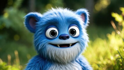 Fototapeta premium Blue furry creature grinning in sunlit meadow background