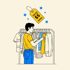 Naklejka premium Young man shopping for clothes at a thrift store with a five dollar price tag floating above.