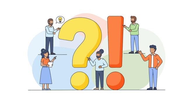 People interacting with question marks.
