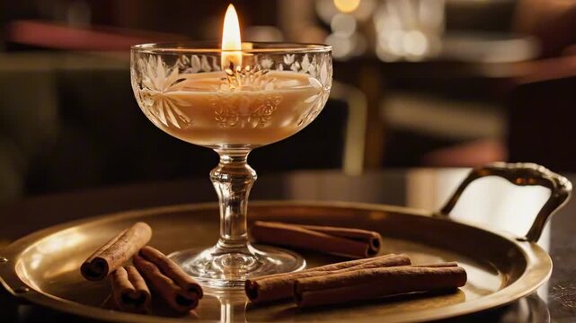 Elegant still life of candles in cocktail glasses on a brass tray with cinnamon sticks, warm amber bokeh and etched crystal coupe glow, luxurious lounge mood and refined cozy holiday styling