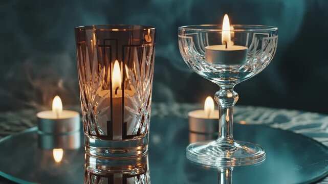 Atmospheric arrangement of candles in cocktail glasses on mirrored glass with drifting smoke, crystal stemware and tealights in cool blue light, cinematic reflections and a serene evening mood