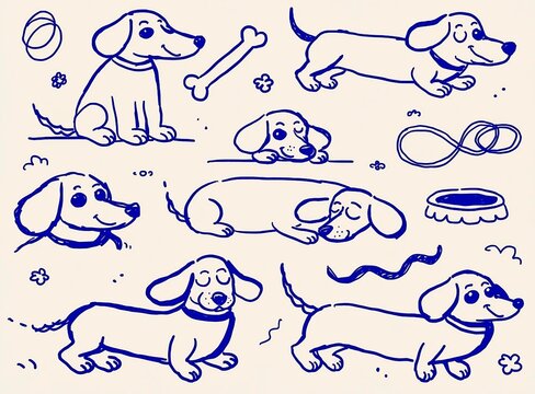 hand drawn dachshund doodle sets,ple native line art,,blue ink on light background.cute dog