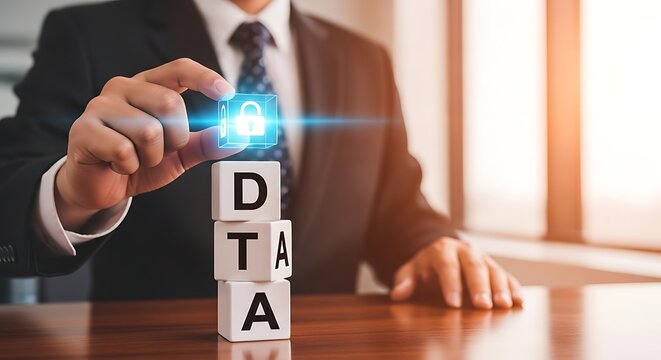 Businessman placing a glowing lock icon on DTA blocks, symbolizing data protection and digital security.