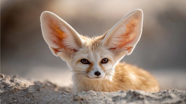 Portrait of a fennec fox with large ears sitting in the desert sand.