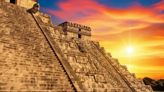 Ancient Mayan Pyramid Chichen Itza at Sunset.