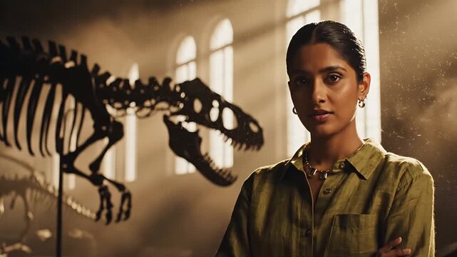Medium close-up of a confident woman posing in a natural history museum with a dinosaur skeleton.