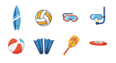 Beach icon set features a surfboard, volleyball, goggles, and other summer swimming equipment. © MuhammadAbdulJalil01