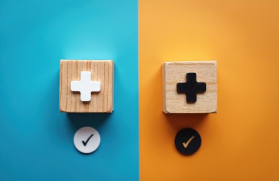 Two wooden blocks show opposite signs comparison. One block has white plus sign with checkmark. Other block has black plus sign with checkmark. Use for pros cons choice.
