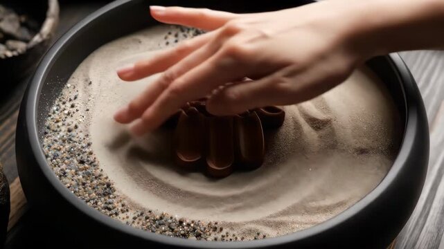 Close-up of a hand creating patterns in a zen sand garden with a Hamsa hand symbol.