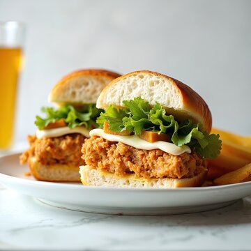 Two fried chicken cemita sandwiches sit on white plate. Lettuce and sauce fill bun. Side of fries and glass of beer nearby. Ready for lunch.