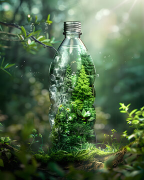 Eco awareness concept with plastic waste becoming lush green forest
