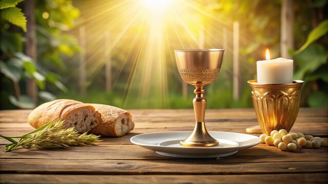 A photo of a holy communion setup with a golden chalice, white plates, and candles on a wooden table