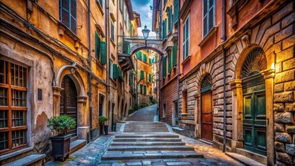 Fototapeta premium A photo of ancient cobblestone streets and weathered buildings in Genoas narrow alleys, intricate architecture, vibrant colors, historical charm, o