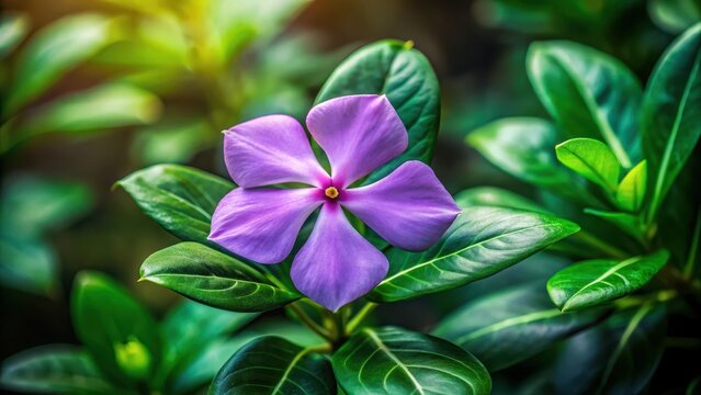 A photo of a Madagascar periwinkle flower blooming in a lush garden with vibrant green foliage surrounding it