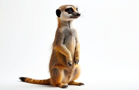 Small mammal meerkat stands alert on hind legs. Curious animal looks around with watchful eyes. Cute suricate poses for photo, isolated on white studio background.