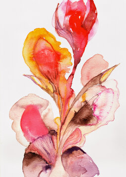 Abstract Botanical Watercolor Composition with Coral and Ochre Floral Forms, Hand Painted Organic Shapes on Textured Paper