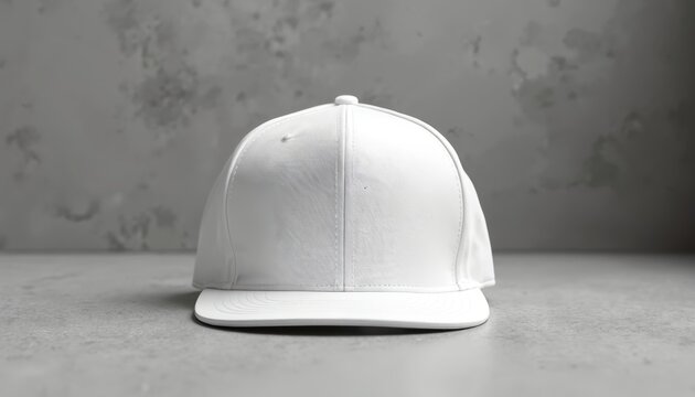 Plain white snapback cap on neutral concrete surface. Minimalist headwear mockup for branding. Clean apparel object on textured background. Fashion accessory base for custom designs.