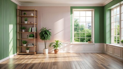 Fototapeta premium A photo of an empty room with soft pink and green walls, large windows letting in natural light, a wooden floor with subtle texture, and a few sparse