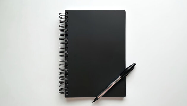 Black spiral bound notebook and pen rest on clean white surface. Ready for writing notes, planning tasks, or jotting down ideas. Minimalist design for office or study.