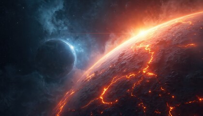 Obraz premium Fiery planet erupts with molten lava under a nebula. Distant moon glows blue against cosmic stars. Volcanic world in deep space exploration.