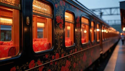 Obraz premium Ornate train carriage exterior features red floral patterns. Warm lights glow from windows showing red seats inside. A luxury travel experience at dusk.