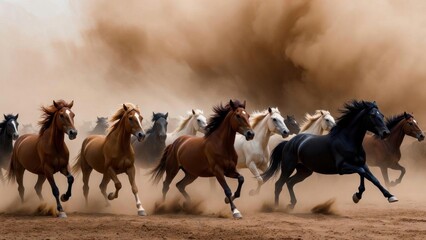 Fototapeta premium Herd of horses galloping across dusty plain under cloudy sky