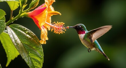 Obraz premium A hummingbird hovers near a vibrant flower in a lush green environment, sipping nectar.