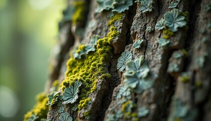 Obraz premium Detailed macro view of tree bark covered in vibrant green moss and pale lichen patches. Textured surface shows natural growth patterns in forest environment. Soft green blur background.
