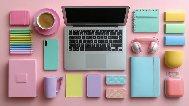 Creative Flat Lay Workspace with Laptop, Smartphone, Coffee and Colorful Stationery on Pastel