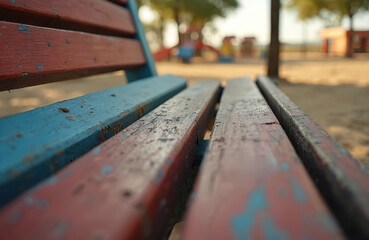 Fototapeta premium Close-up of worn red and blue wooden park bench. Playground visible in blurred background with trees and sunny day light. Outdoor seating detail.
