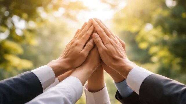 Hands uniting in gesture of collaboration and, showcasing teamwork in natural outdoor setting where sunlight filters through trees, enhancing warmth of togetherness and unity