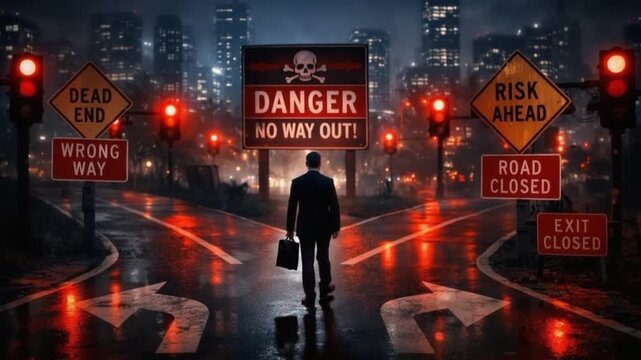 Man in suit stands at ominous crossroads in city skyline, surrounded by warning signs of danger, illuminated by red lights, creating tense atmosphere of uncertainty and foreboding at night