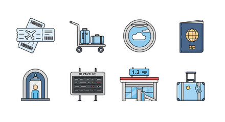 Airport icon set including travel tickets and luggage on a cart at departure board © MuhammadAbdulJalil01