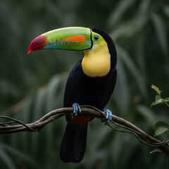 Fototapeta premium A vibrant Keel-billed Toucan with its huge, colorful bill, perches gracefully on a branch, showcasing the beauty of tropical avian life. 