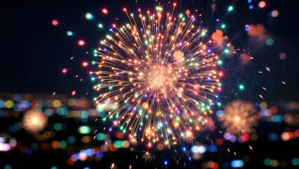 Obraz premium Fireworks bursting over blurred city skyline at night