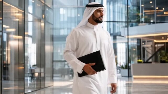 Middle eastern man traditional clothing confident professional holding business folder in modern office with glass walls and indoor plant corporate environment executive formal business setting