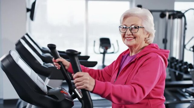 Active senior woman smiling while exercising motion on an elliptical machine video footage
