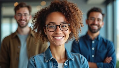 Fototapeta premium Smiling woman with glasses in denim jacket stands with two men in office. Diverse team indoors at modern workplace, casual corporate setting. People look at camera, showing happiness, teamwork.