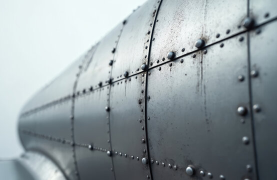Close-up of aircraft metal skin panels riveted together. Exterior textured metallic surface shows wear, grime. Details of rivets, seams, and duralumin construction on fuselage.