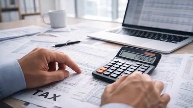 Calculating tax with calculator and financial documents on office desk, focused hands working on accounting paperwork and laptop for accurate business finance calculation management