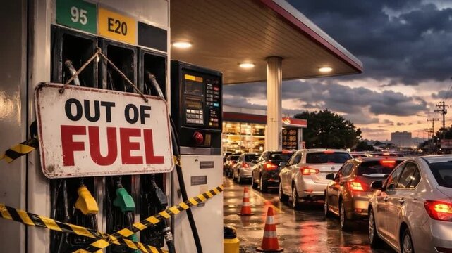 Out of fuel sign at gas station with long queue of cars waiting for fuel pump refilling during evening under cloudy sky causing traffic jam and urban fuel shortage out of car queue