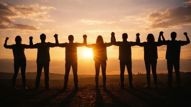 Silhouette group people holding hands sunset showcasing teamwork unity togetherness friendship outdoors connection horizon sky nature backlight shadow standing landscape casual adult evening