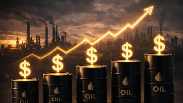 Oil barrel dollar sign rising graph industrial plant refinery petroleum energy market finance business economy investment profit market trend fuel oil price barrel stack industrial background