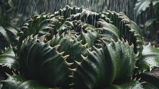 Close-up of a unique green cactus with sharp spikes and rain.