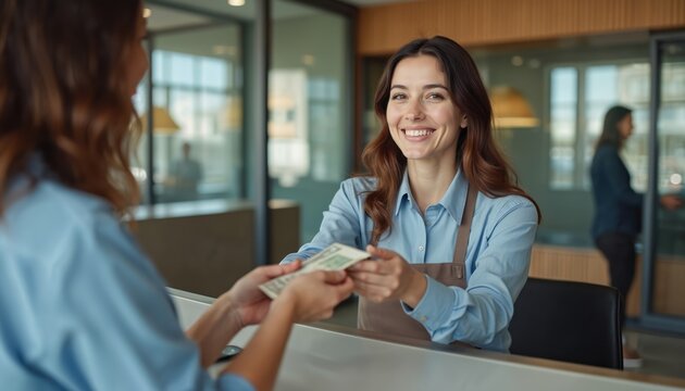Woman bank teller gives cash to client. Friendly employee smiles, handing money over counter. Customer receives dollars, completes financial transaction. Modern bank interior, professional service.