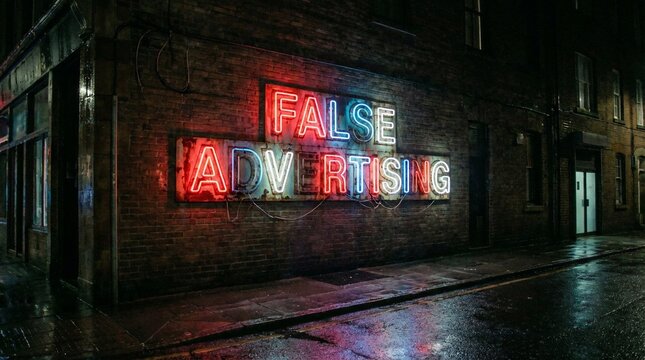 False Advertising Neon Sign Glowing on a Wet Urban Street at Night.