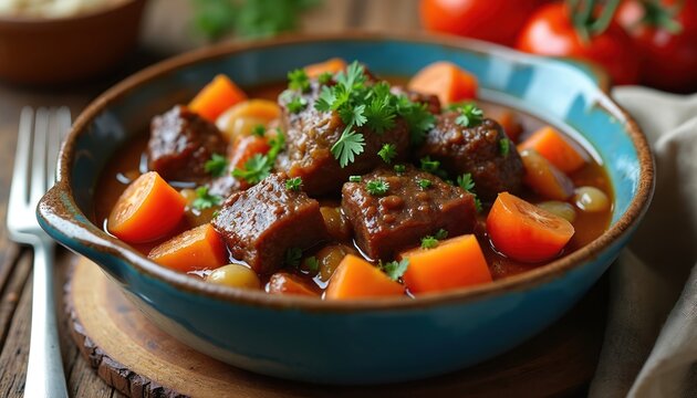 Hearty beef oxtail stew served in blue bowl with carrots and tomatoes. Rich meat dish topped with fresh parsley. Comfort food perfect for cold weather. Delicious meal.