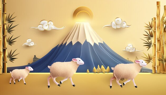 2027年賀素材　ひつじと富士山